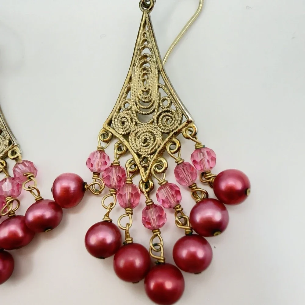 Vintage Sterling Silver Filigree Chandelier Earrings Pink Cultured Pearl Vermail